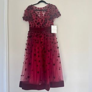 Mac Duggal EMBELLISHED BUTTERFLY SLEEVE VELVET HEM MIDI DRESS